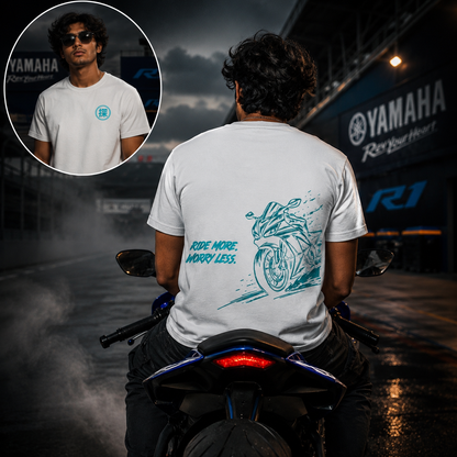 Rider wearing the white Ride More Worry Less premium sports bike T-shirt featuring the oversized motorcycle back graphic.