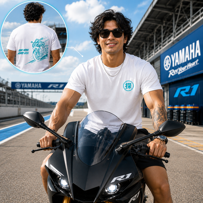 Rider wearing the white Ride More Worry Less premium sports bike T-shirt with minimalist chest logo while sitting on a sports motorcycle.