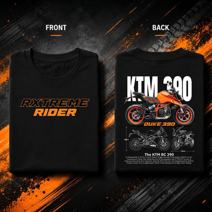Front and back view of the RXTREME Rider Motorcycle Rider T-Shirt in black with bold biker graphic print.
