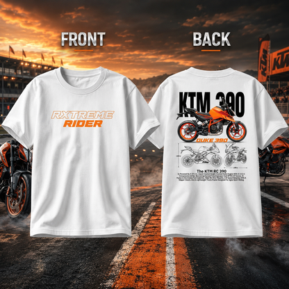 Front and back view of the RXTREME Rider Motorcycle Rider T-Shirt in white with premium motorcycle-inspired artwork.
