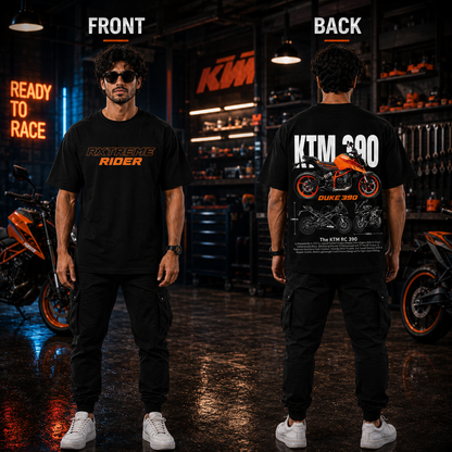 Male model wearing the black RXTREME Rider Motorcycle Rider T-Shirt featuring a bold motorcycle graphic on the back.
