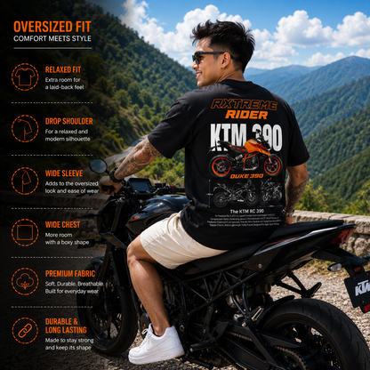 Product features of the black RXTREME Rider Motorcycle Rider T-Shirt highlighting premium fabric, durable print, and rider-focused design.