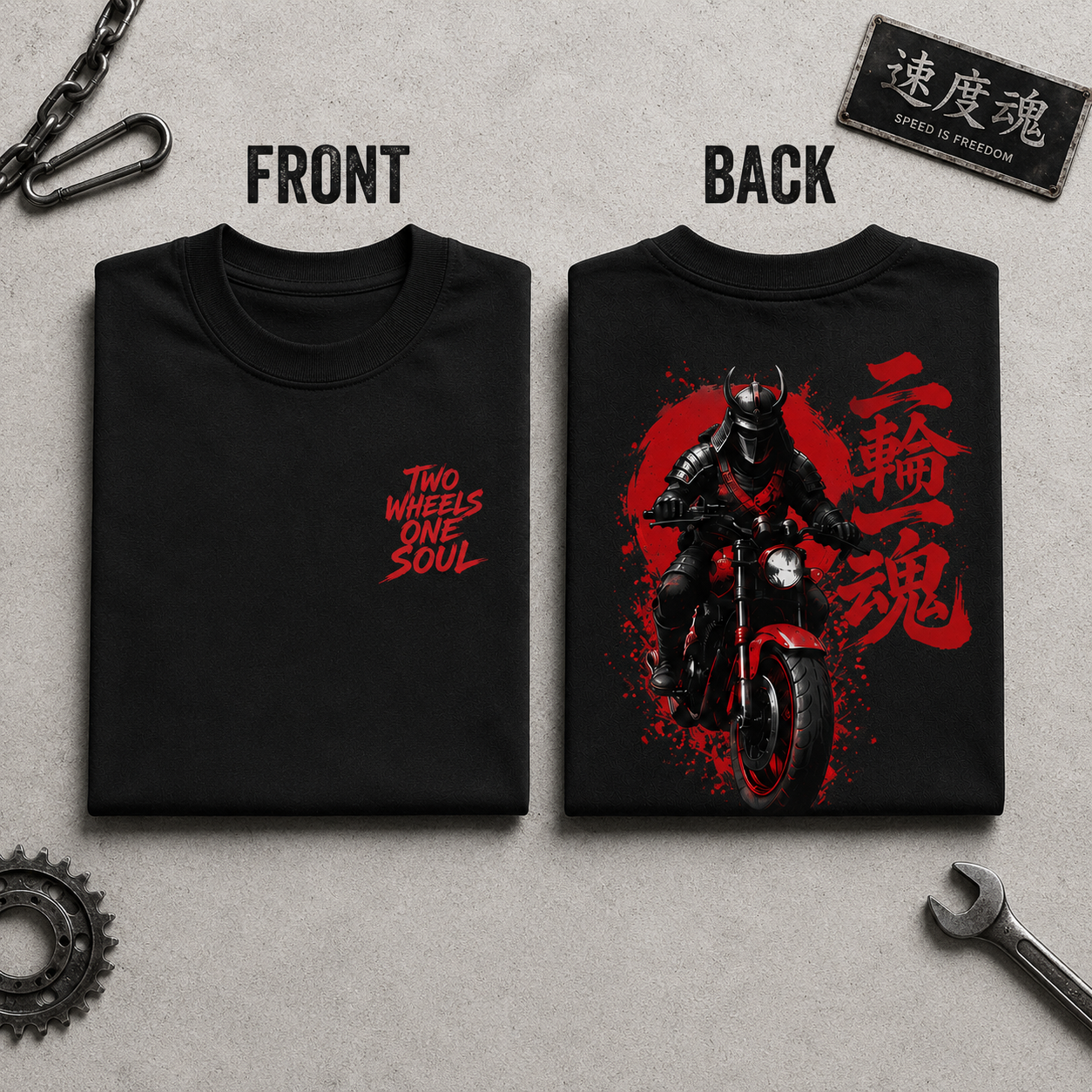 Black Two Wheels One Soul Premium Oversized Biker T-Shirt showing front and back motorcycle artwork by UnikornTribes.