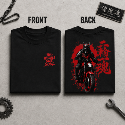 Black Two Wheels One Soul Premium Oversized Biker T-Shirt showing front and back motorcycle artwork by UnikornTribes.