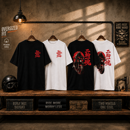 Black and white Two Wheels One Soul Premium Oversized Biker T-Shirts displayed together showing front and back designs.