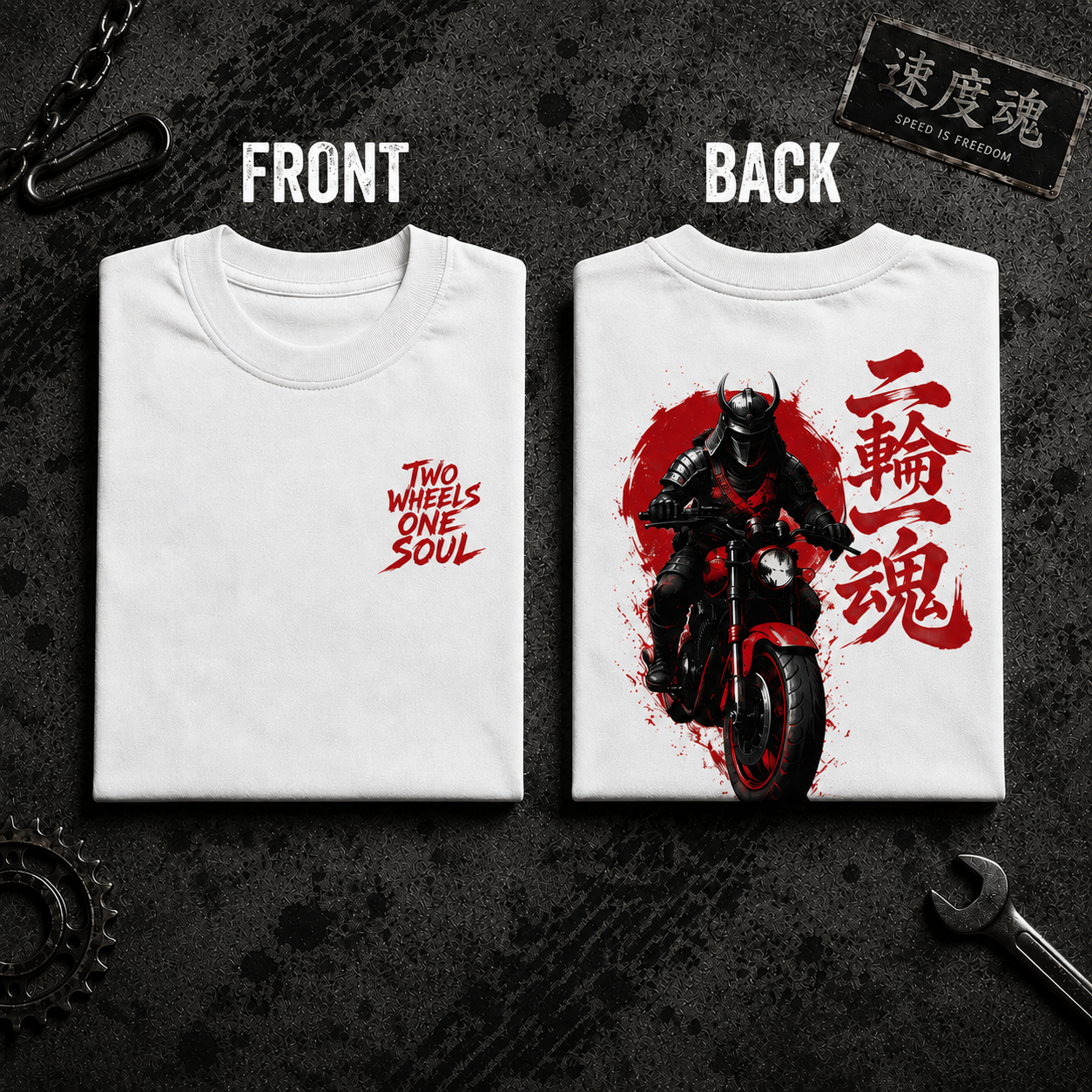 White Two Wheels One Soul Premium Oversized Biker T-Shirt featuring front and back biker artwork by UnikornTribes