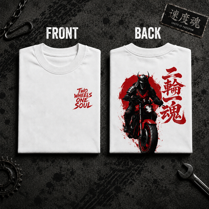 White Two Wheels One Soul Premium Oversized Biker T-Shirt featuring front and back biker artwork by UnikornTribes