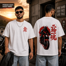 Model wearing white Two Wheels One Soul Premium Oversized Biker T-Shirt showing front and back motorcycle graphics.
