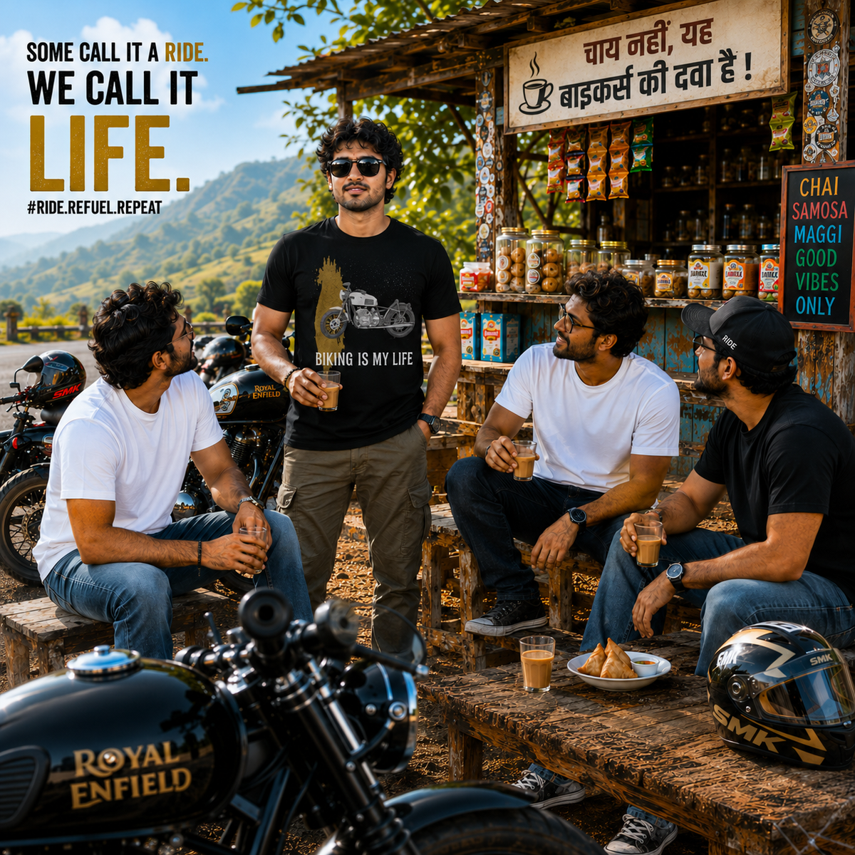 Biker wearing UnikornTribes Biking Is My Life Premium Biker T-Shirt enjoying a chai stop with fellow riders during a motorcycle road trip