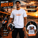 Product features of the white RXTREME Rider Motorcycle Rider T-Shirt showing premium cotton fabric, comfort, and motorcycle-inspired artwork.